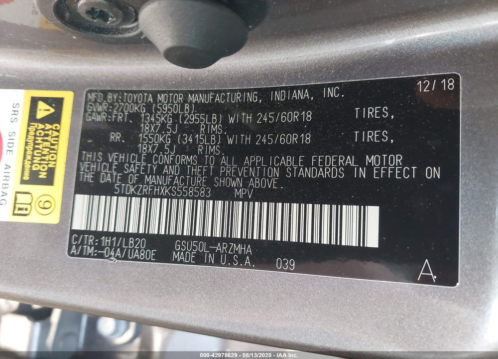 2019 TOYOTA HIGHLANDER VIN: 5TDKZRFHXKS558583