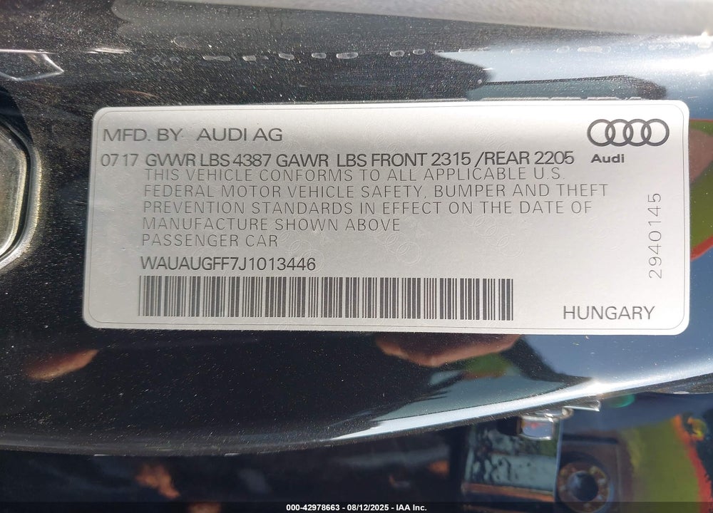 2018 AUDI A3 VIN: WAUAUGFF7J1013446