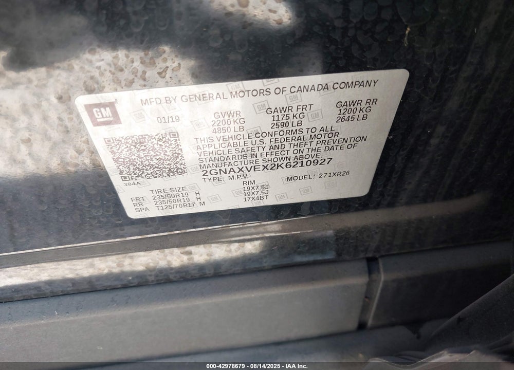 2019 CHEVROLET EQUINOX VIN: 2GNAXVEX2K6210927