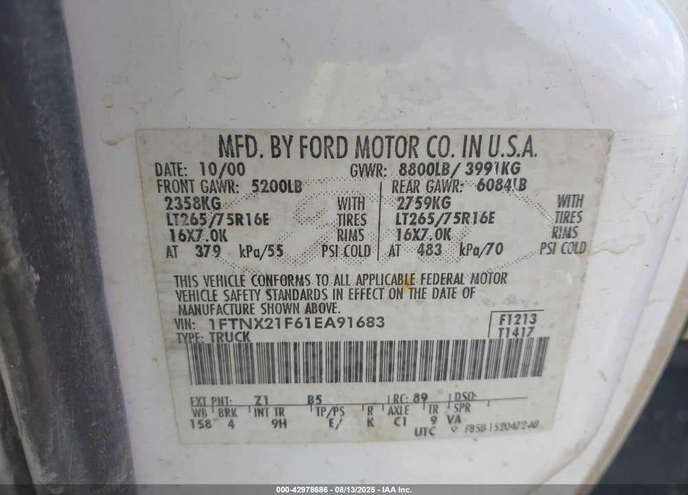 2001 FORD F-250 LARIAT/XL/XLT VIN: 1FTNX21F61EA91683