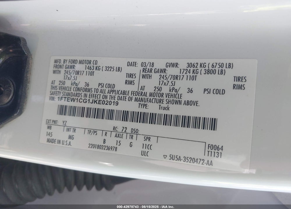 2018 FORD F-150 VIN: 1FTEW1CG1JKE02019