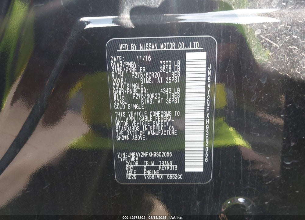 2017 NISSAN ARMADA VIN: JN8AY2NFXH9302056