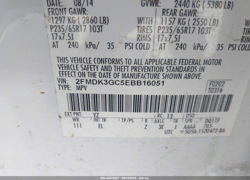 2014 FORD EDGE VIN: 2FMDK3GC5EBB16051