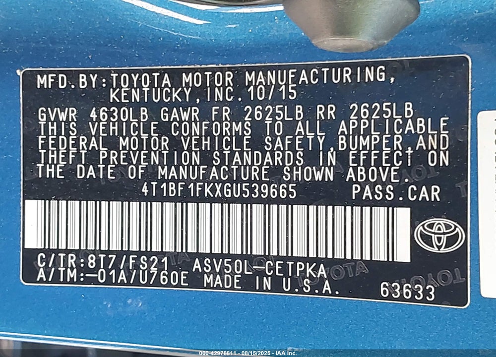 2016 TOYOTA CAMRY VIN: 4T1BF1FKXGU539665