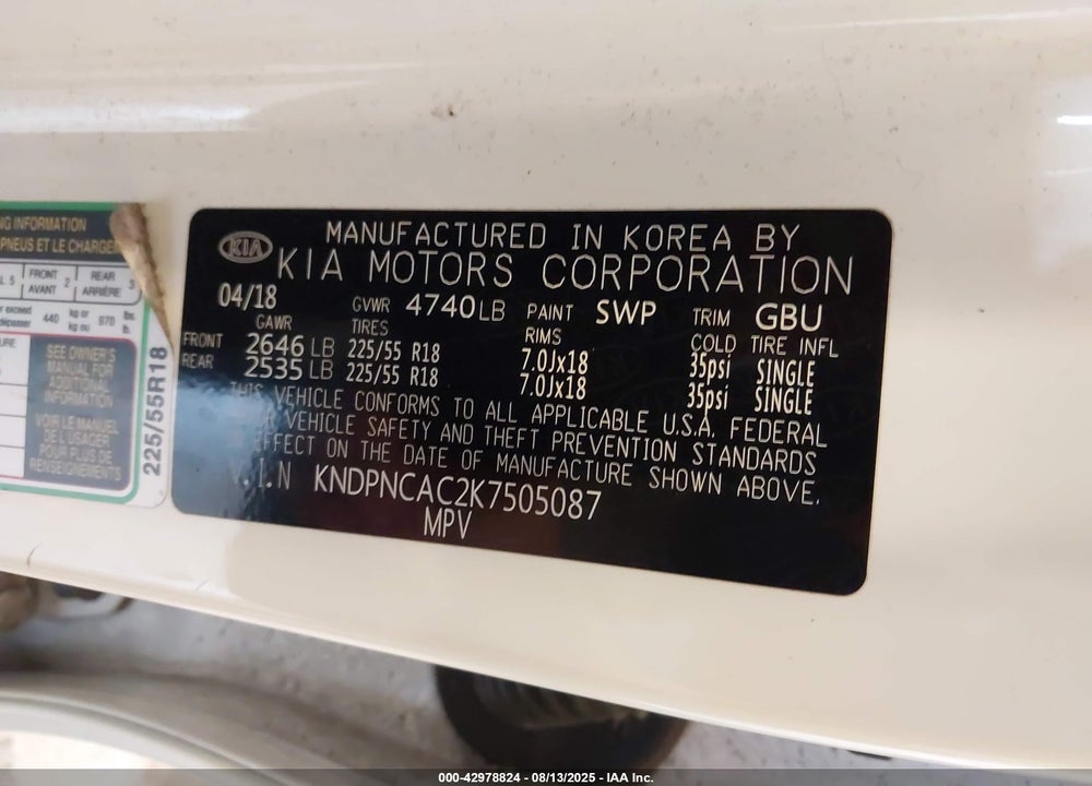 2019 KIA SPORTAGE EX VIN: KNDPNCAC2K7505087