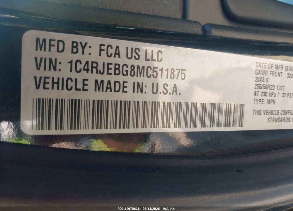 2021 JEEP GRAND CHEROKEE LIMITED 4X2 VIN: 1C4RJEBG8MC511875