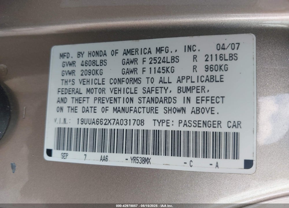 2007 ACURA TL 3.2 VIN: 19UUA662X7A031708