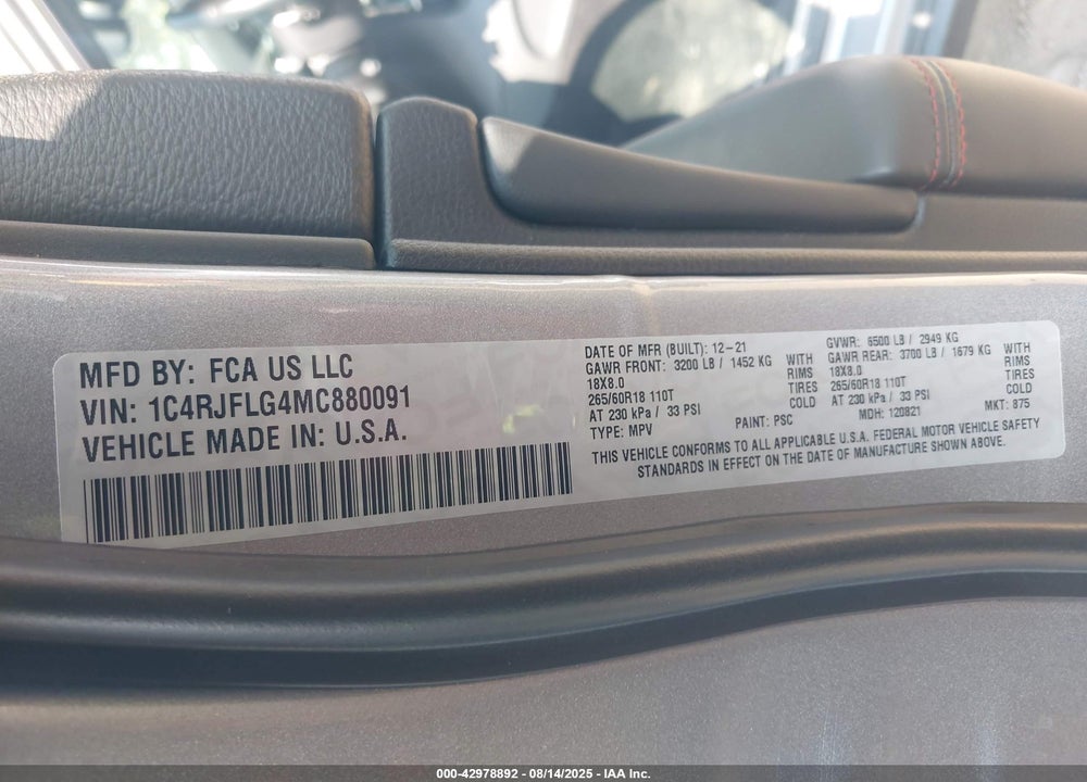 2021 JEEP GRAND CHEROKEE VIN: 1C4RJFLG4MC880091