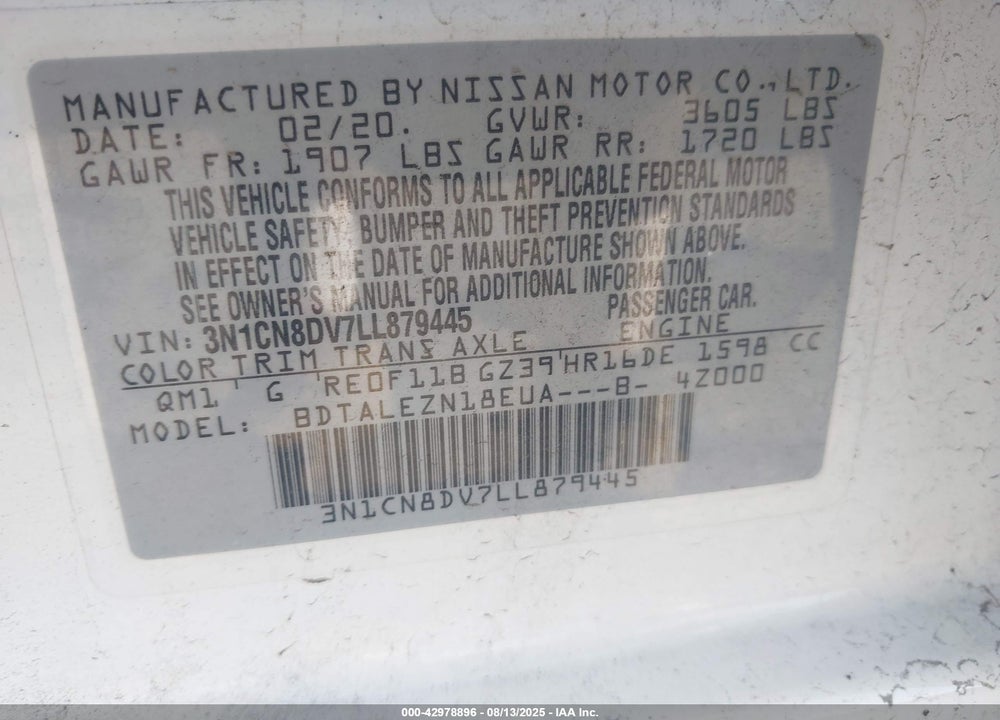 2020 NISSAN VERSA S XTRONIC CVT VIN: 3N1CN8DV7LL879445
