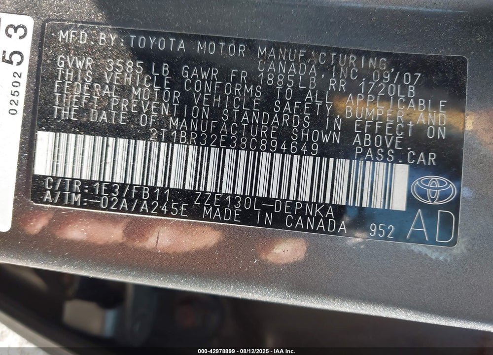 2008 TOYOTA COROLLA VIN: 2T1BR32E38C894649