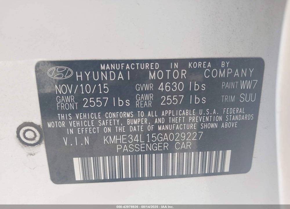 2016 HYUNDAI SONATA HYBRID VIN: KMHE34L15GA029227
