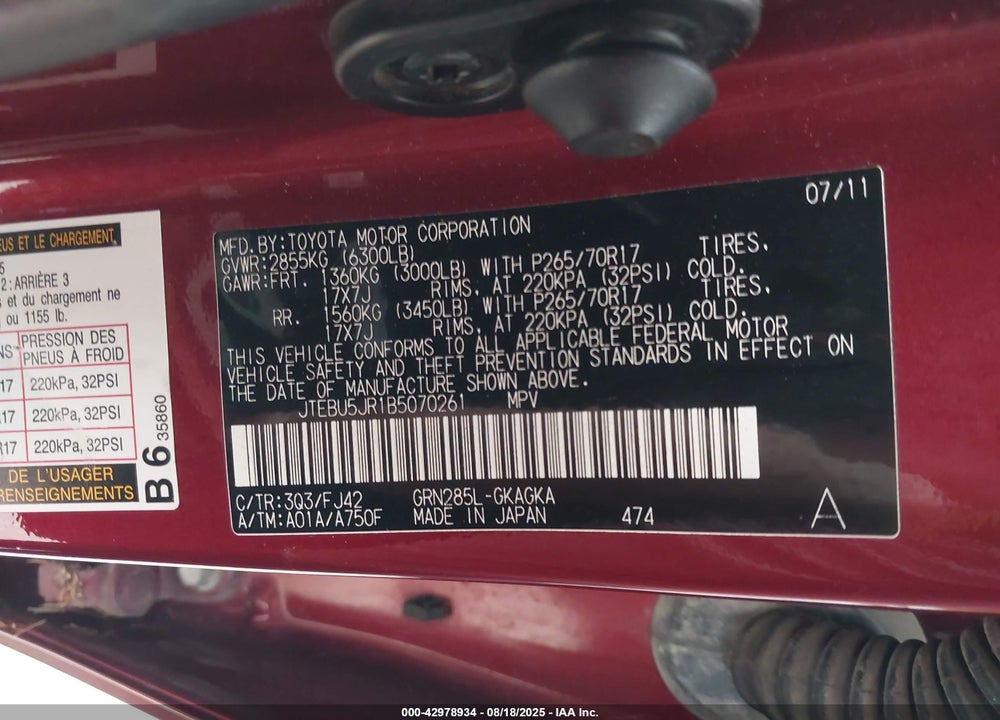 2011 TOYOTA 4RUNNER VIN: JTEBU5JR1B5070261