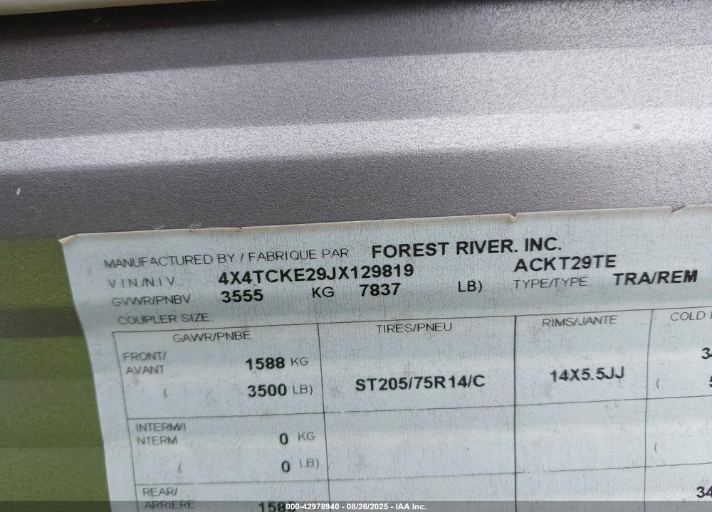 2018 FOREST RIVER 29TE VIN: 4X4TCKE29JX129819