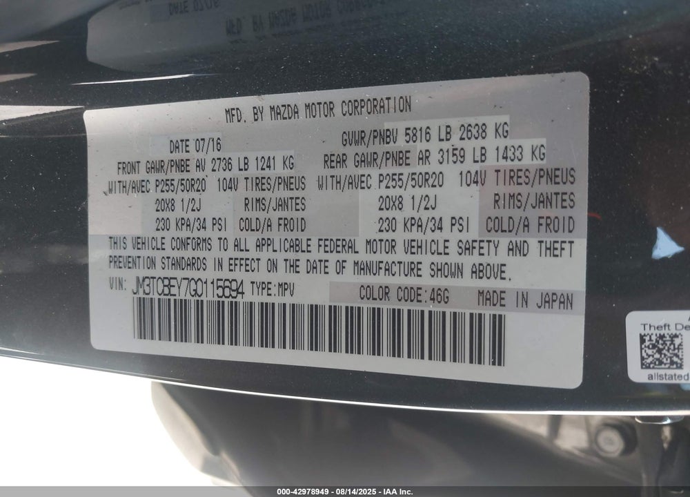 2016 MAZDA CX-9 VIN: JM3TCBEY7G0115694