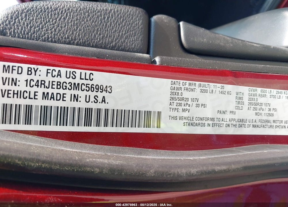 2021 JEEP GRAND CHEROKEE VIN: 1C4RJEBG3MC569943