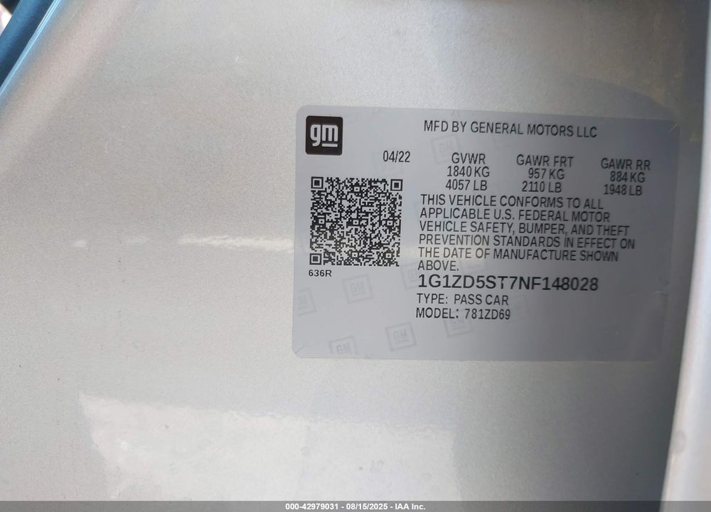 2022 CHEVROLET MALIBU VIN: 1G1ZD5ST7NF148028