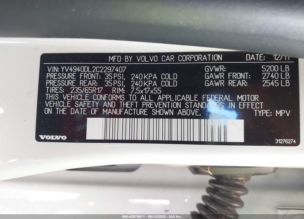 2012 VOLVO XC60 VIN: YV4940DL2C2297407
