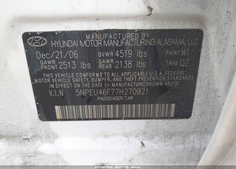2007 HYUNDAI SONATA LIMITED/SE V6 VIN: 5NPEU46F77H270921