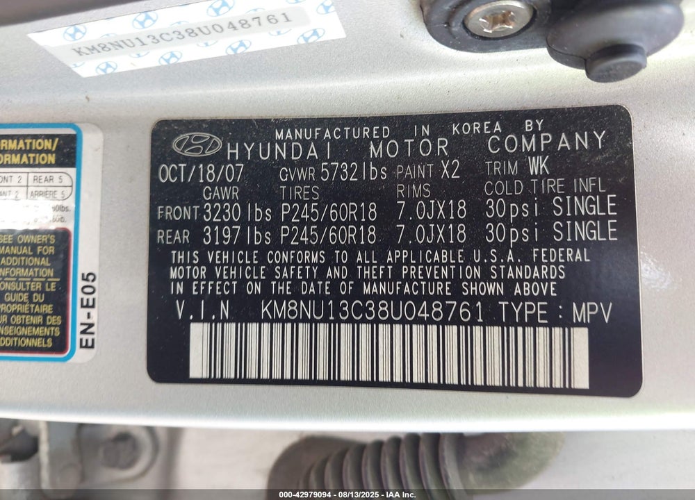 2008 HYUNDAI VERACRUZ VIN: KM8NU13C38U048761