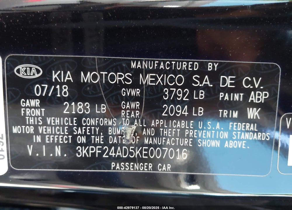 2019 KIA FORTE LXS VIN: 3KPF24AD5KE007016