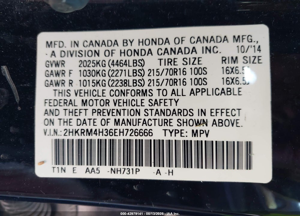 2014 HONDA CR-V VIN: 2HKRM4H36EH726666
