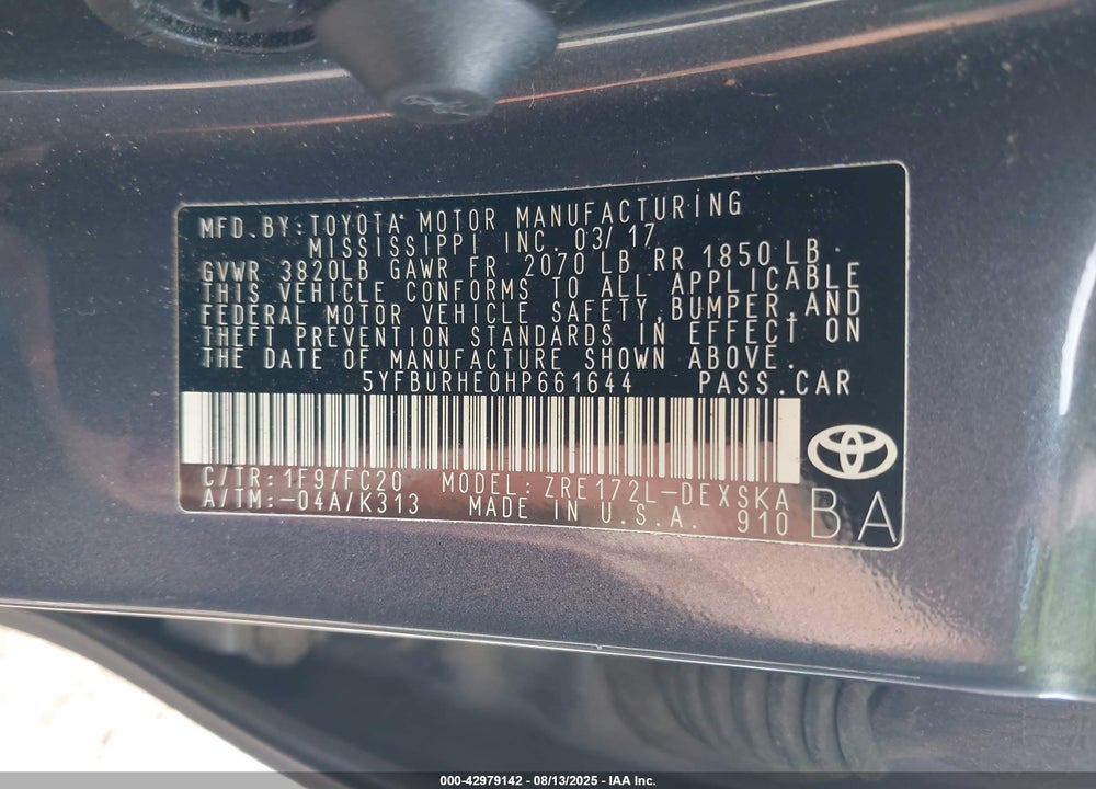 2017 TOYOTA COROLLA VIN: 5YFBURHE0HP661644