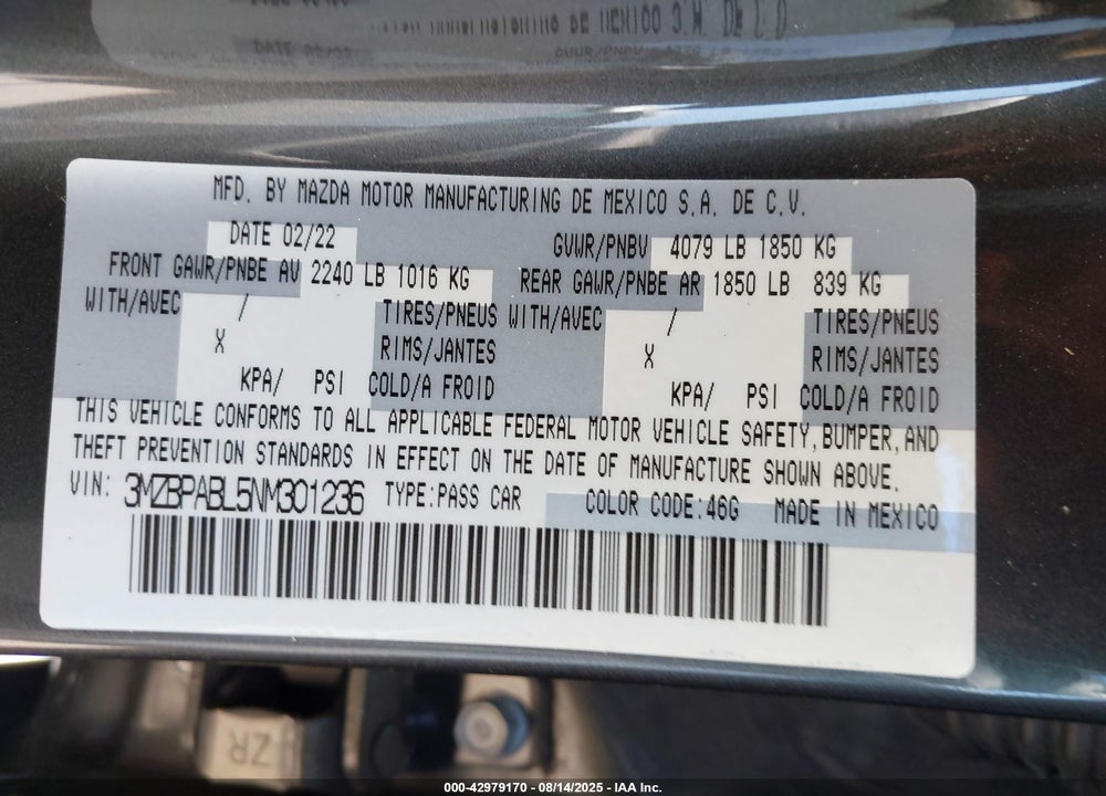 2022 MAZDA 3 VIN: 3MZBPABL5NM301236