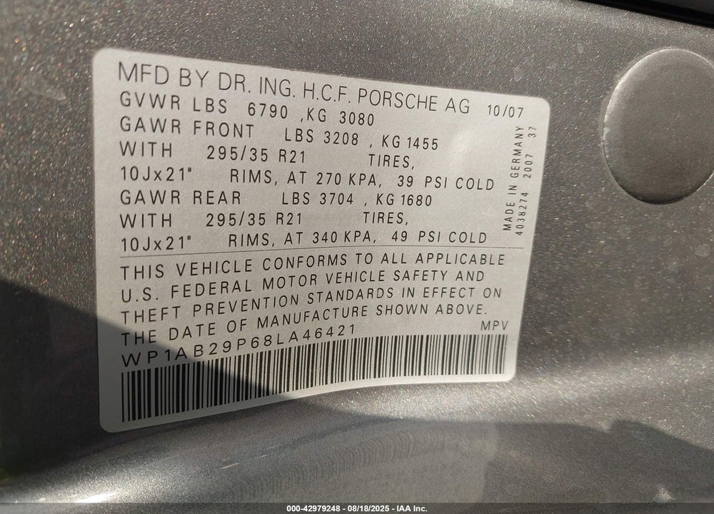 2008 PORSCHE CAYENNE S VIN: WP1AB29P68LA46421