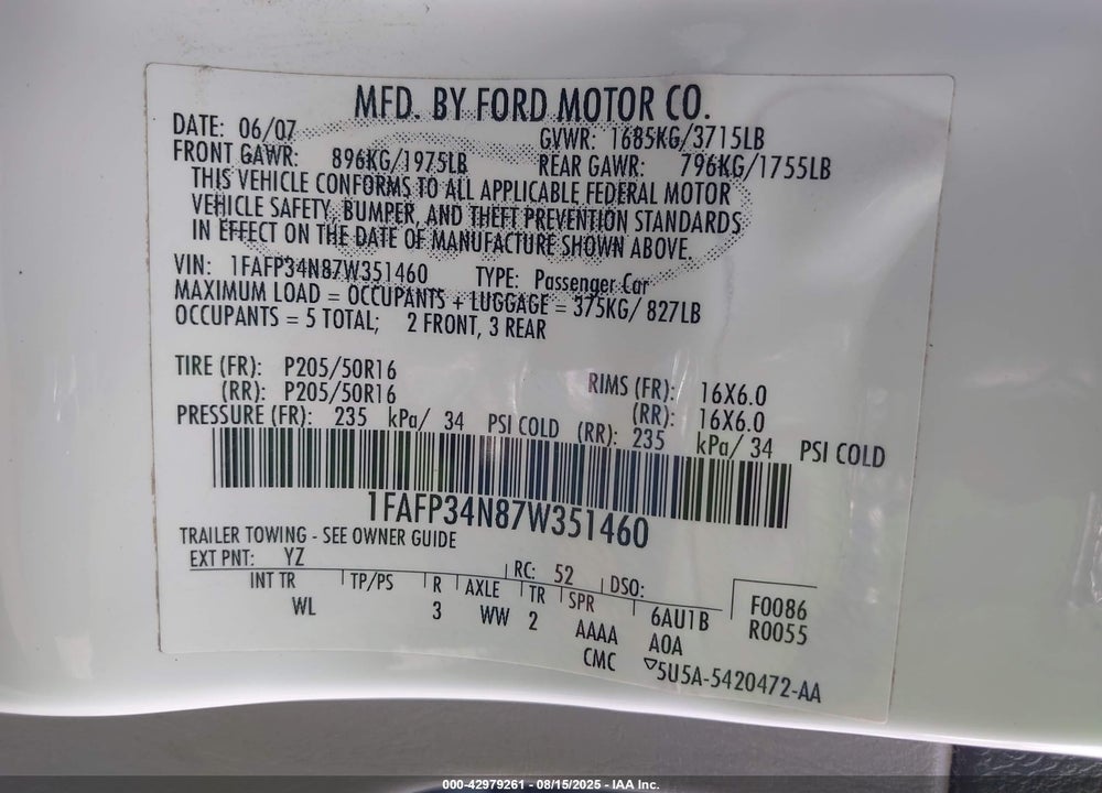 2007 FORD FOCUS S/SE/SES VIN: 1FAFP34N87W351460
