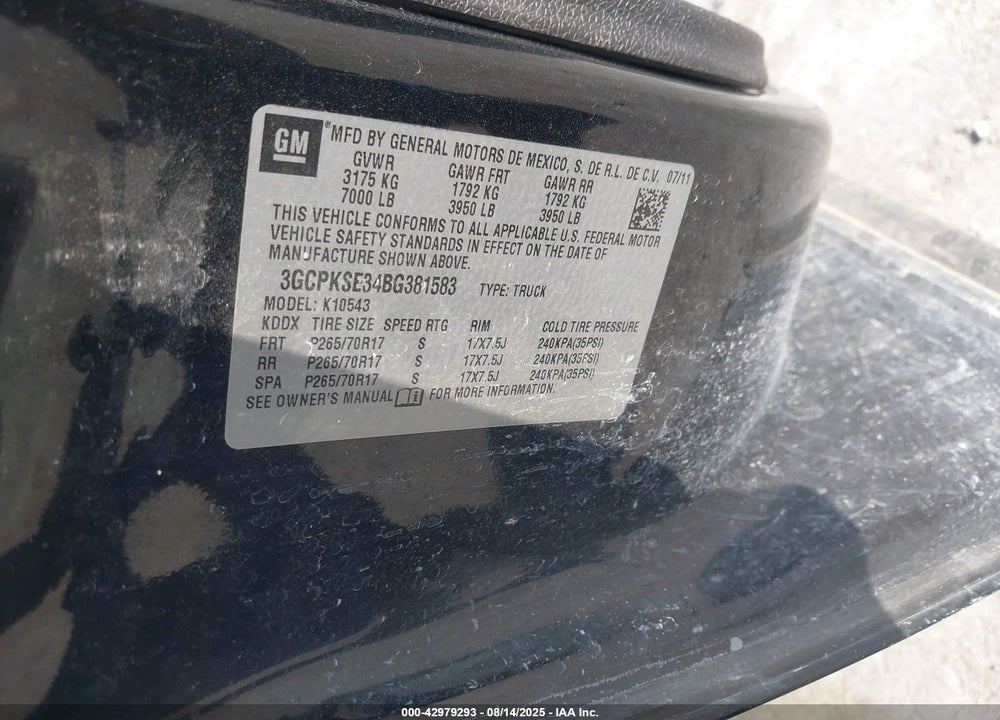 2011 CHEVROLET SILVERADO 1500 VIN: 3GCPKSE34BG381583