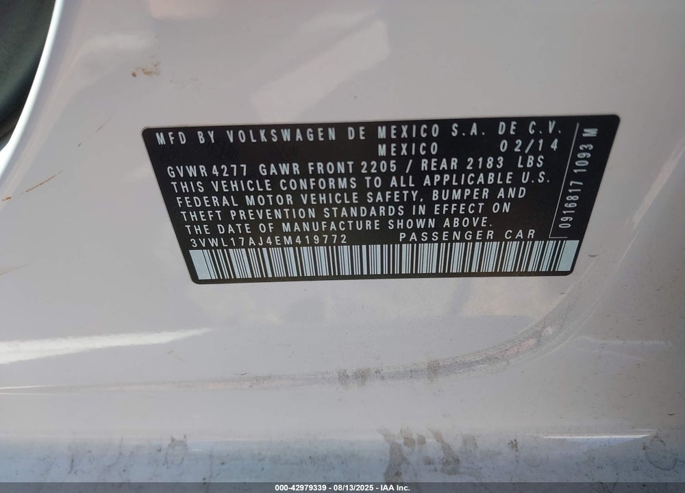 2014 VOLKSWAGEN JETTA VIN: 3VWL17AJ4EM419772