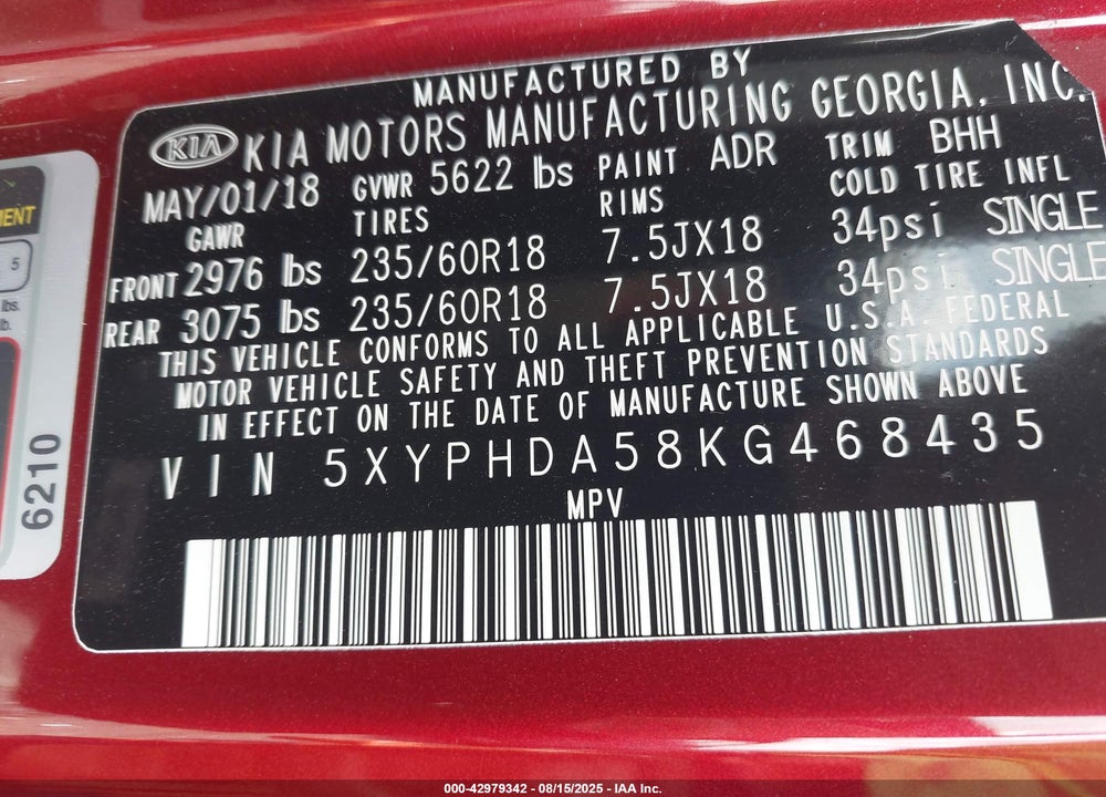 2019 KIA SORENTO VIN: 5XYPHDA58KG468435