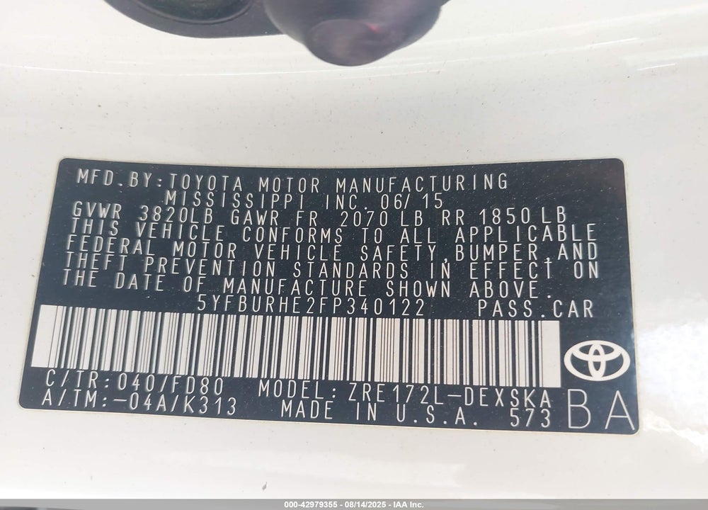2015 TOYOTA COROLLA VIN: 5YFBURHE2FP340122