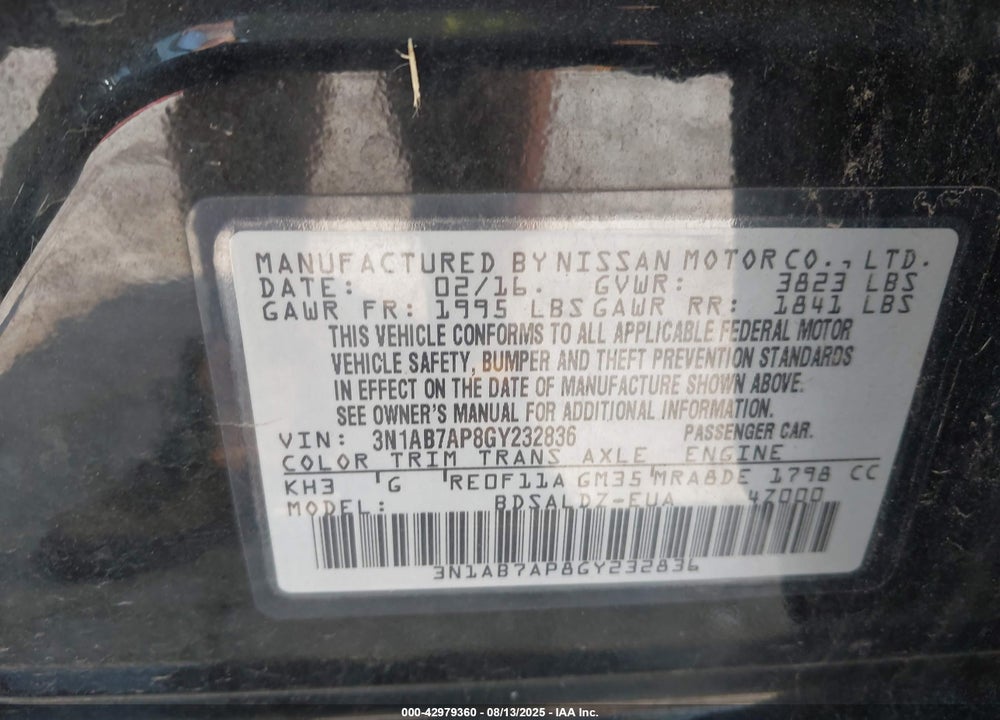 2016 NISSAN SENTRA VIN: 3N1AB7AP8GY232836
