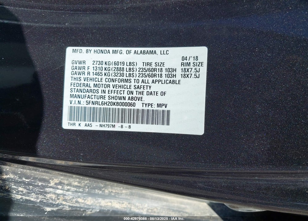 2019 HONDA ODYSSEY LX VIN: 5FNRL6H20KB000060