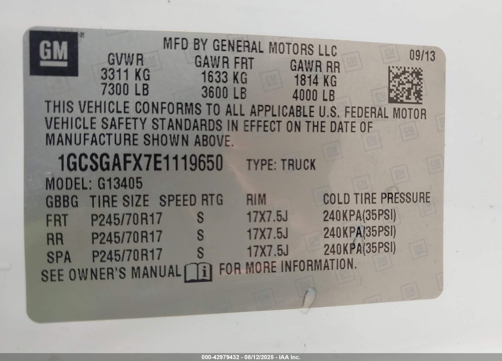 2014 CHEVROLET EXPRESS 1500 WORK VAN VIN: 1GCSGAFX7E1119650
