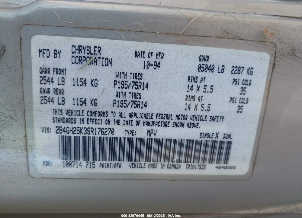 1995 DODGE CARAVAN VIN: 2B4GH25K3SR176270