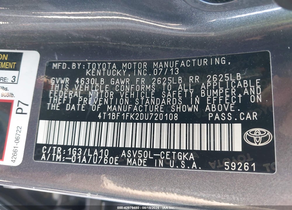 2013 TOYOTA CAMRY VIN: 4T1BF1FK2DU720108
