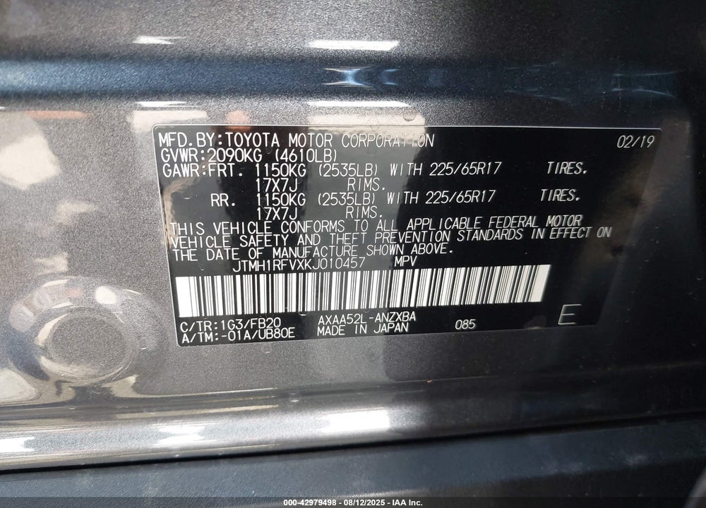 2019 TOYOTA RAV4 VIN: JTMH1RFVXKJ010457