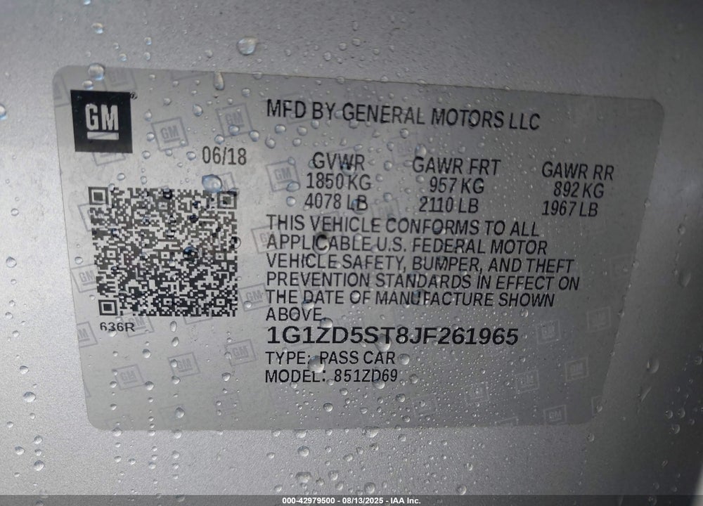 2018 CHEVROLET MALIBU LT VIN: 1G1ZD5ST8JF261965