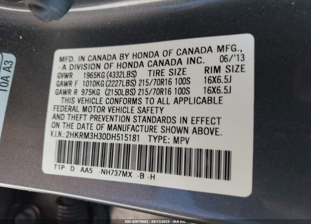 2013 HONDA CR-V VIN: 2HKRM3H30DH515181