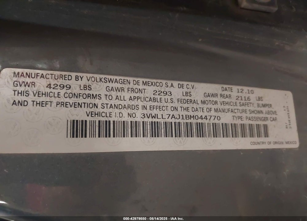 2011 VOLKSWAGEN JETTA VIN: 3VWLL7AJ1BM044770