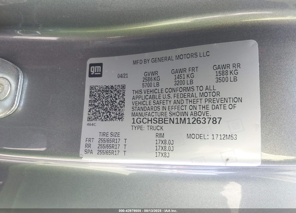 2021 CHEVROLET COLORADO VIN: 1GCHSBEN1M1263787
