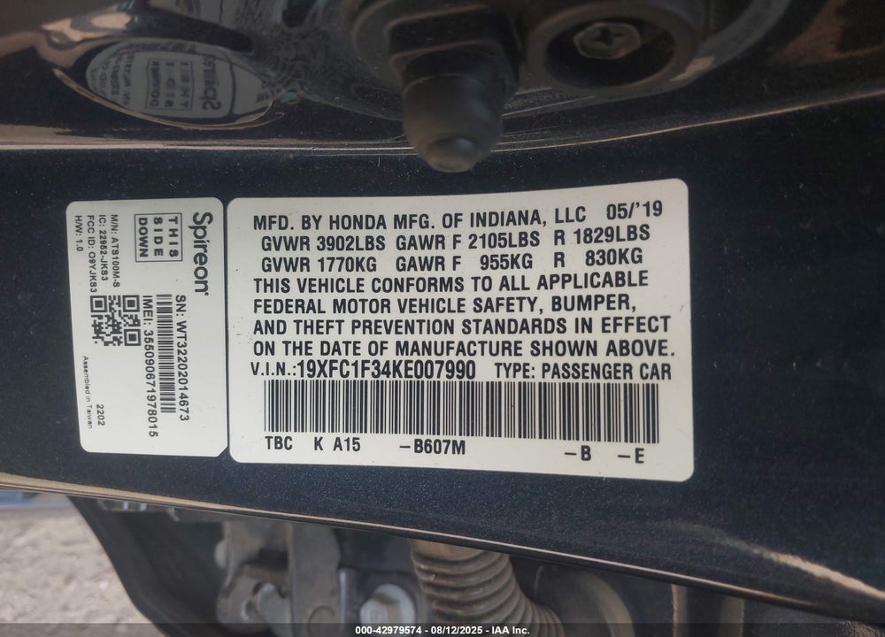 2019 HONDA CIVIC VIN: 19XFC1F34KE007990