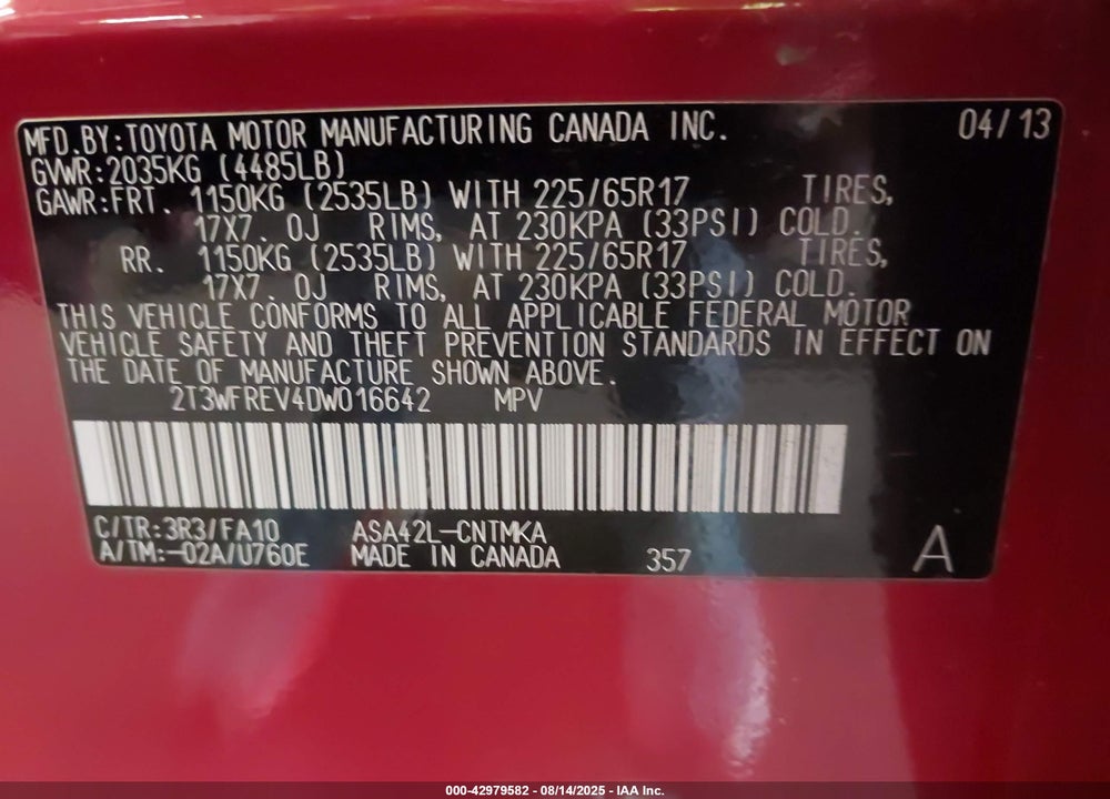 2013 TOYOTA RAV4 XLE VIN: 2T3WFREV4DW016642