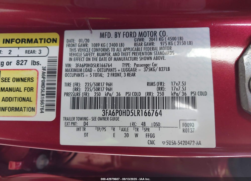 2020 FORD FUSION VIN: 3FA6P0HD5LR166764