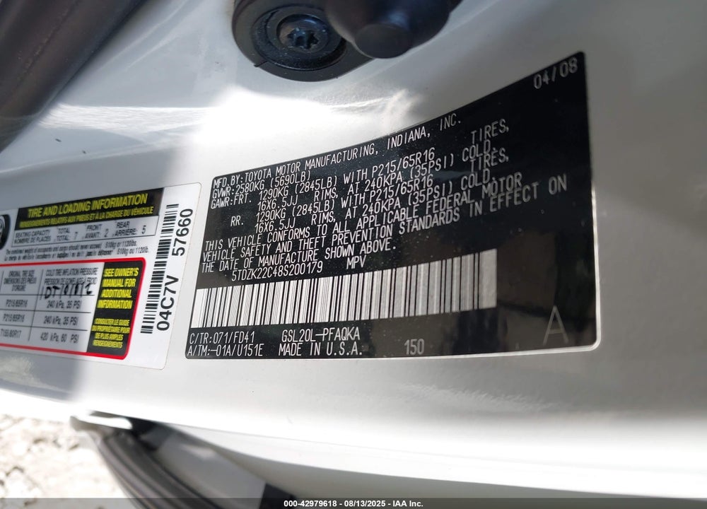 2008 TOYOTA SIENNA XLE VIN: 5TDZK22C48S200179