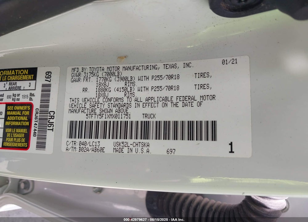 2021 TOYOTA TUNDRA VIN: 5TFTY5F1XMX011751