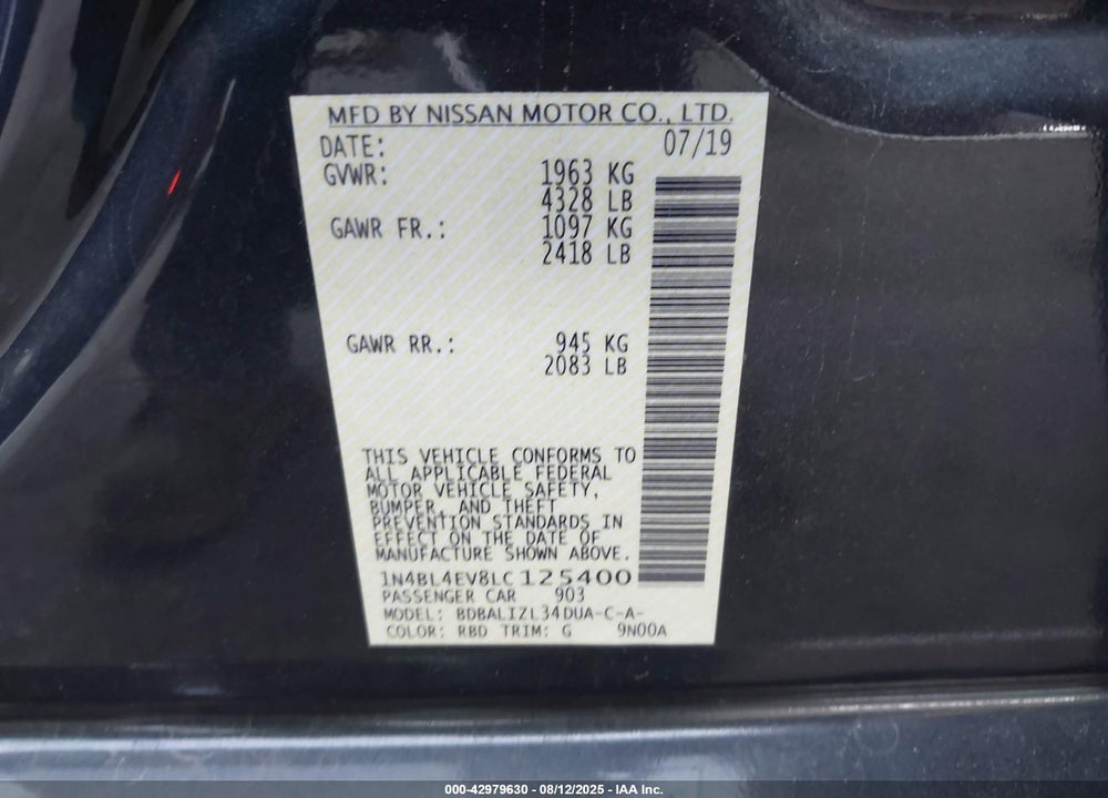 2020 NISSAN ALTIMA VIN: 1N4BL4EV8LC125400