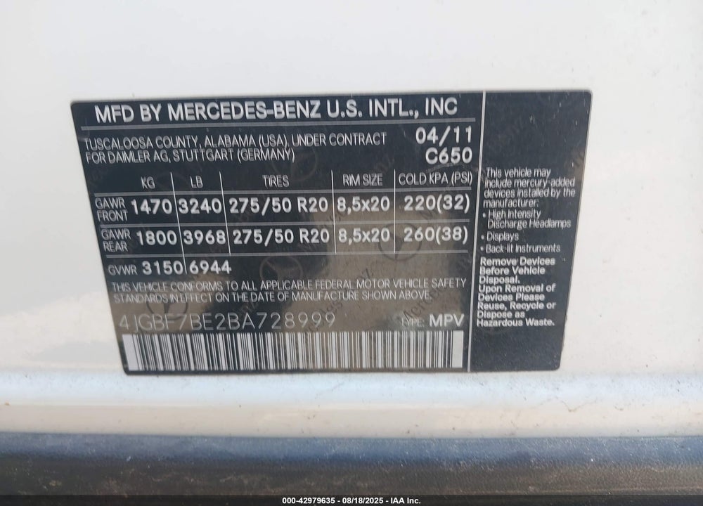 2011 MERCEDES-BENZ GL-CLASS VIN: 4JGBF7BE2BA728999